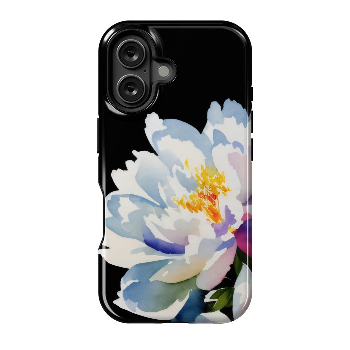 iPhone 16 StrongFit Watercolour painted peony flower on black - peony petals by Oana 