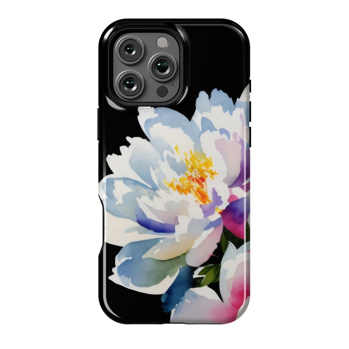 iPhone 16 Pro Max StrongFit Watercolour painted peony flower on black - peony petals by Oana 