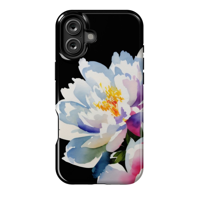 iPhone 16 Plus StrongFit Watercolour painted peony flower on black - peony petals by Oana 