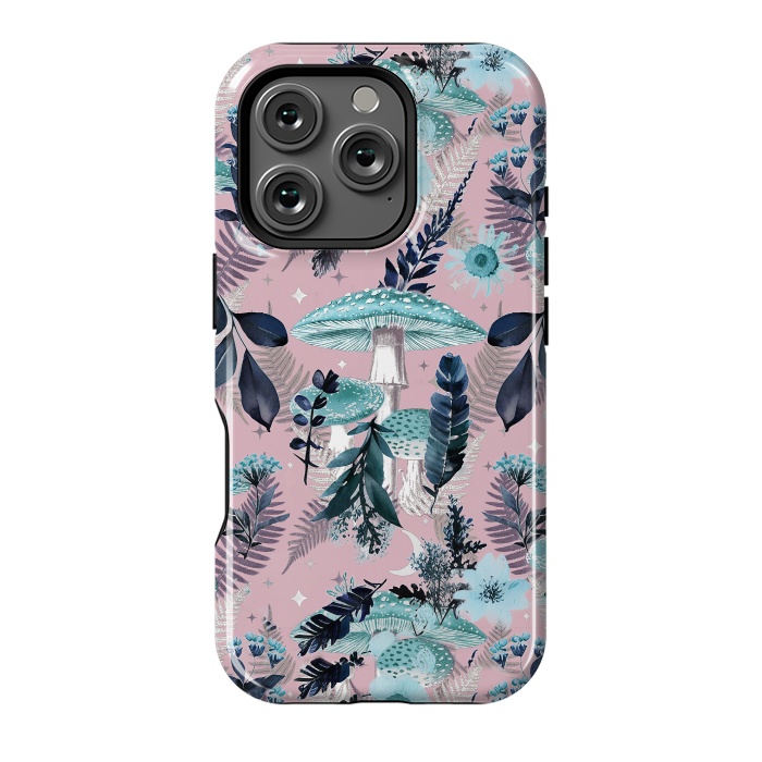 iPhone 16 Pro StrongFit Whimsical mushrooms - blue pink mushrooms and forest leaves by Oana 