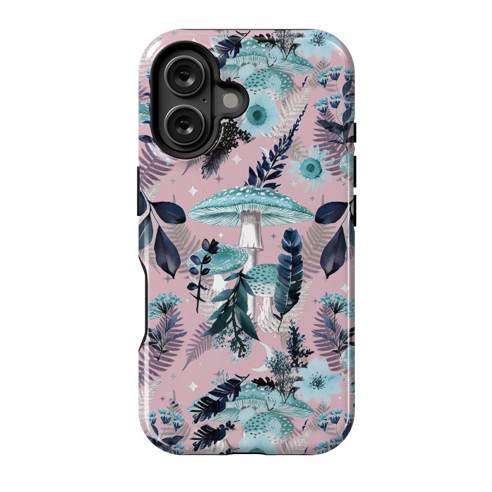 iPhone 16 StrongFit Whimsical mushrooms - blue pink mushrooms and forest leaves by Oana 