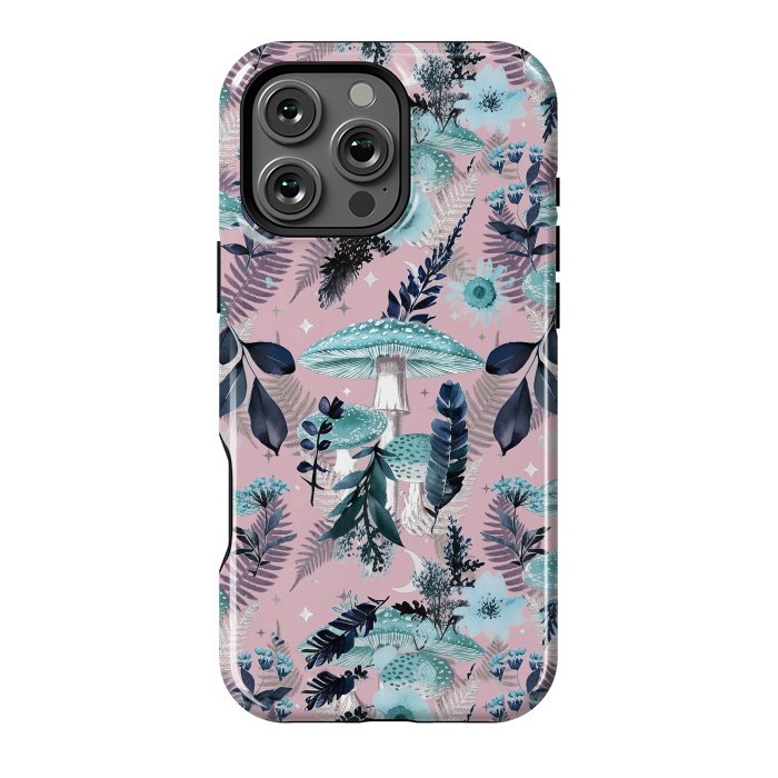 iPhone 16 Pro Max StrongFit Whimsical mushrooms - blue pink mushrooms and forest leaves by Oana 