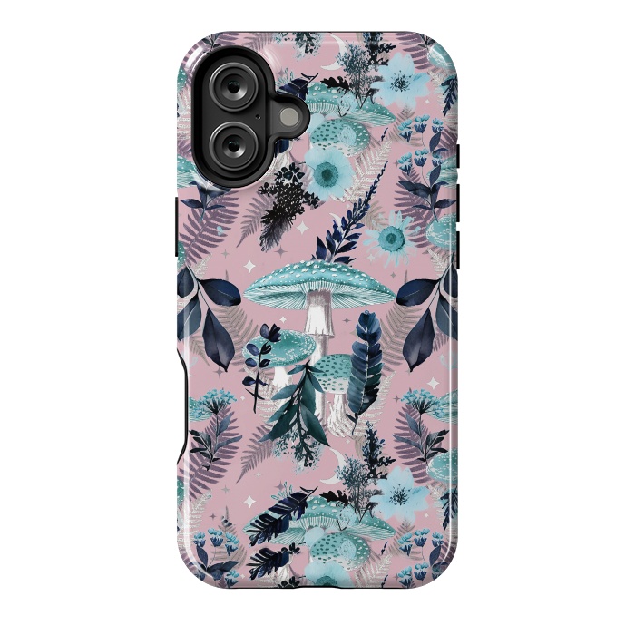 iPhone 16 Plus StrongFit Whimsical mushrooms - blue pink mushrooms and forest leaves by Oana 