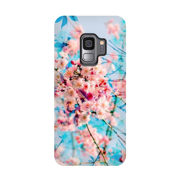 Galaxy S9 StrongFit Pink cherry blossom tree on baby blue background by Oana 