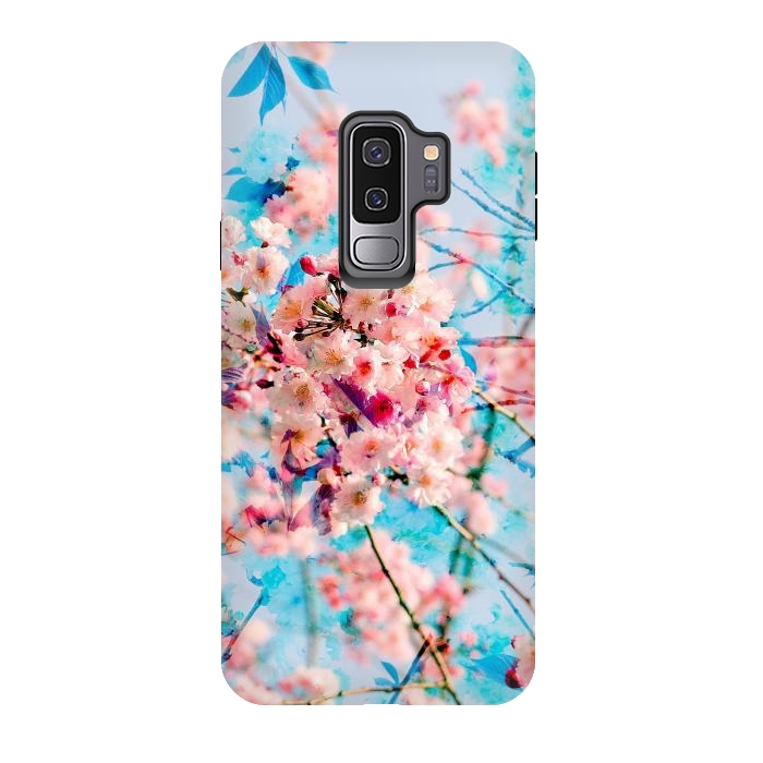 Galaxy S9 plus StrongFit Pink cherry blossom tree on baby blue background by Oana 