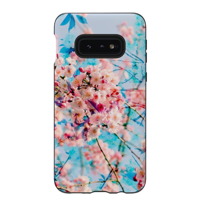 Galaxy S10e StrongFit Pink cherry blossom tree on baby blue background by Oana 