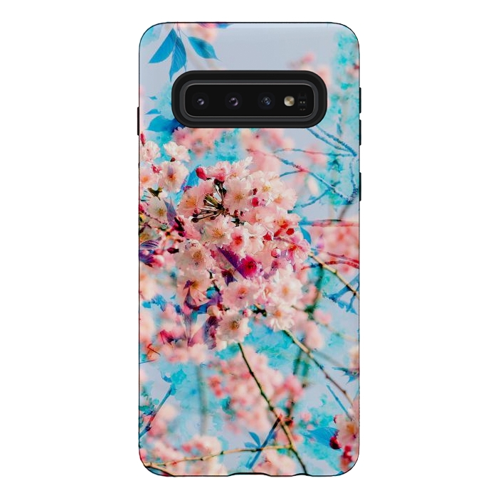 Galaxy S10 StrongFit Pink cherry blossom tree on baby blue background by Oana 