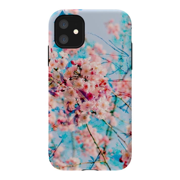 iPhone 11 StrongFit Pink cherry blossom tree on baby blue background by Oana 