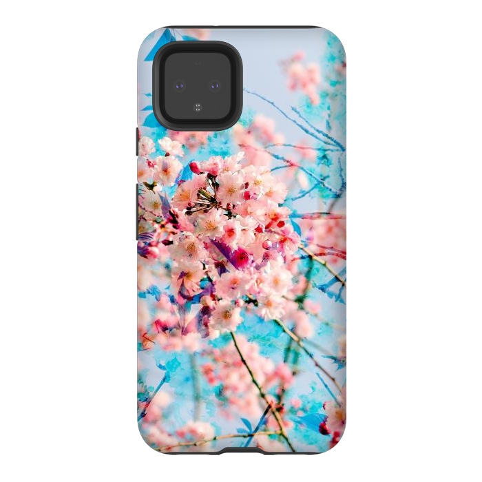 Pixel 4 StrongFit Pink cherry blossom tree on baby blue background by Oana 