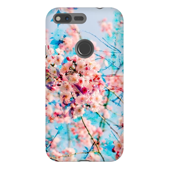 Pixel XL StrongFit Pink cherry blossom tree on baby blue background by Oana 