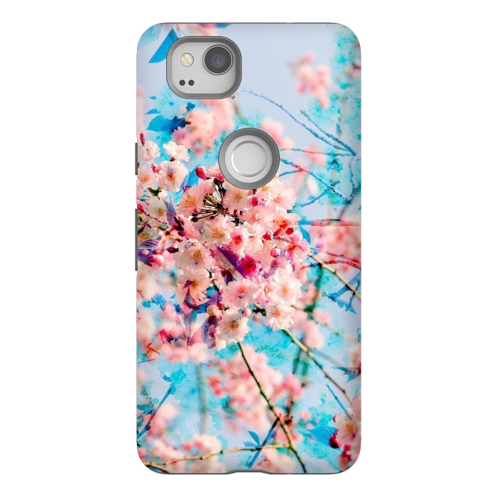 Pixel 2 StrongFit Pink cherry blossom tree on baby blue background by Oana 