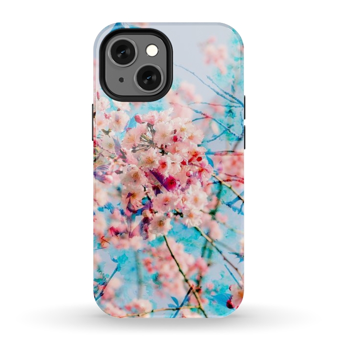 iPhone 12 mini StrongFit Pink cherry blossom tree on baby blue background by Oana 