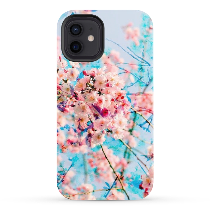 iPhone 12 StrongFit Pink cherry blossom tree on baby blue background by Oana 