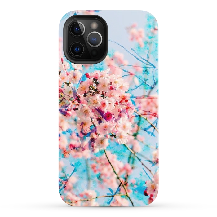 iPhone 12 Pro StrongFit Pink cherry blossom tree on baby blue background by Oana 