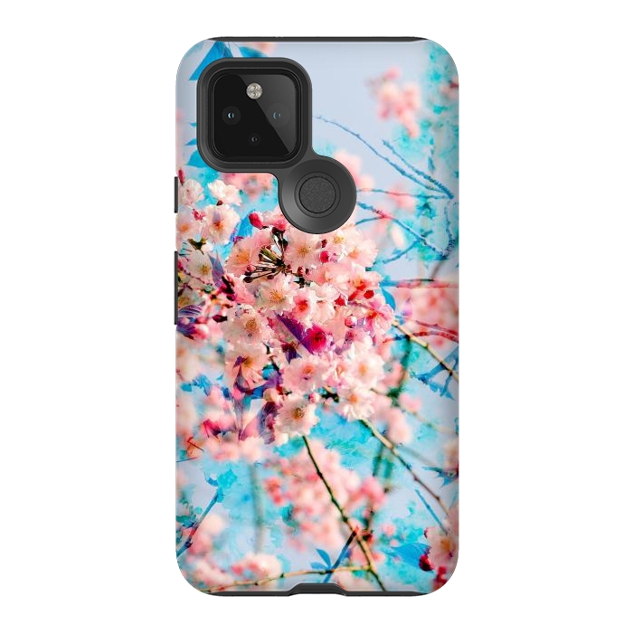 Pixel 5 StrongFit Pink cherry blossom tree on baby blue background by Oana 