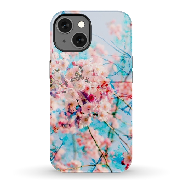 iPhone 13 StrongFit Pink cherry blossom tree on baby blue background by Oana 