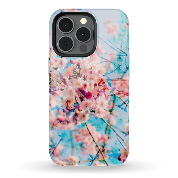 iPhone 13 pro StrongFit Pink cherry blossom tree on baby blue background by Oana 