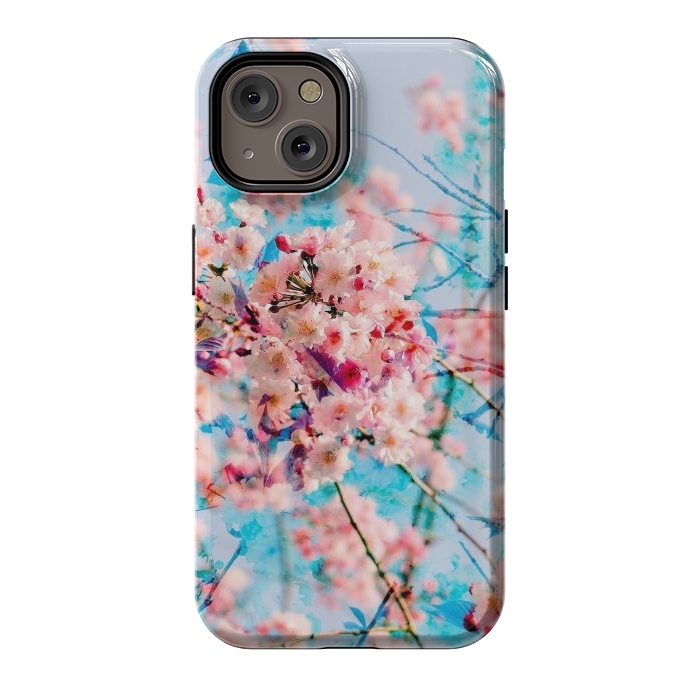 iPhone 14 StrongFit Pink cherry blossom tree on baby blue background by Oana 