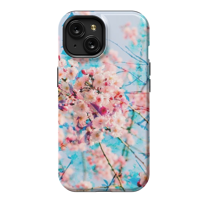 iPhone 15 StrongFit Pink cherry blossom tree on baby blue background by Oana 