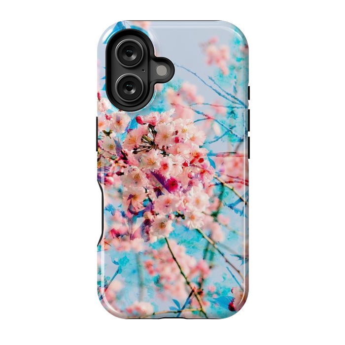 iPhone 16 StrongFit Pink cherry blossom tree on baby blue background by Oana 