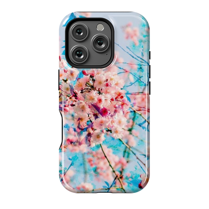 iPhone 16 Pro StrongFit Pink cherry blossom tree on baby blue background by Oana 