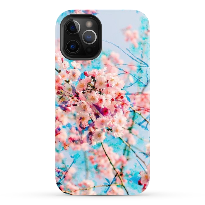 iPhone 12 Pro Max StrongFit Pink cherry blossom tree on baby blue background by Oana 