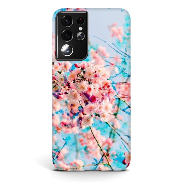 Galaxy S21 ultra StrongFit Pink cherry blossom tree on baby blue background by Oana 