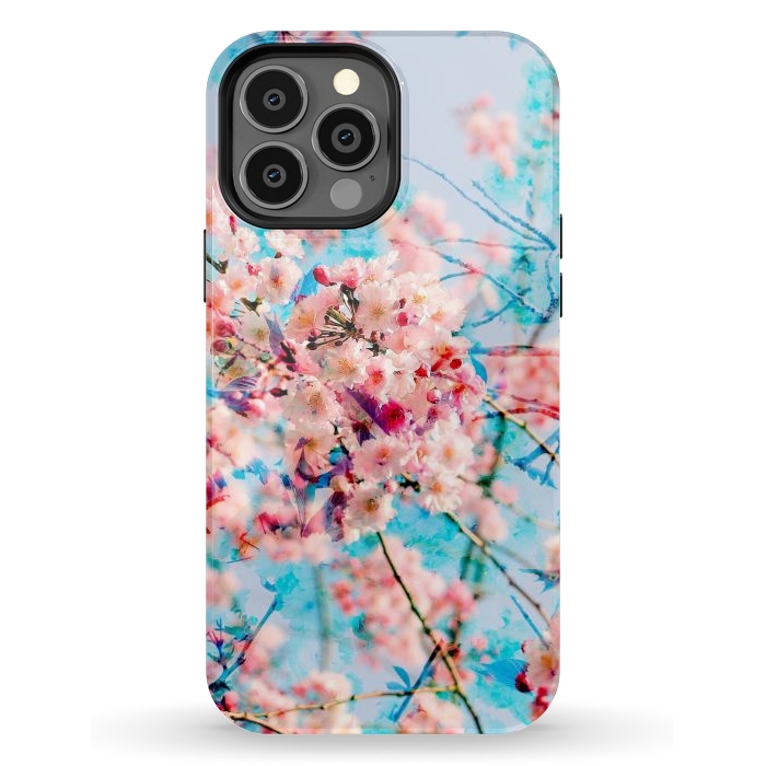 iPhone 13 Pro Max StrongFit Pink cherry blossom tree on baby blue background by Oana 