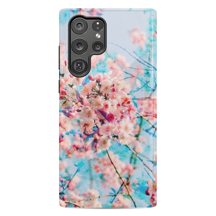 Galaxy S22 Ultra StrongFit Pink cherry blossom tree on baby blue background by Oana 