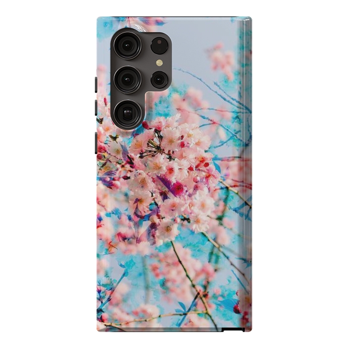 Galaxy S23 Ultra StrongFit Pink cherry blossom tree on baby blue background by Oana 