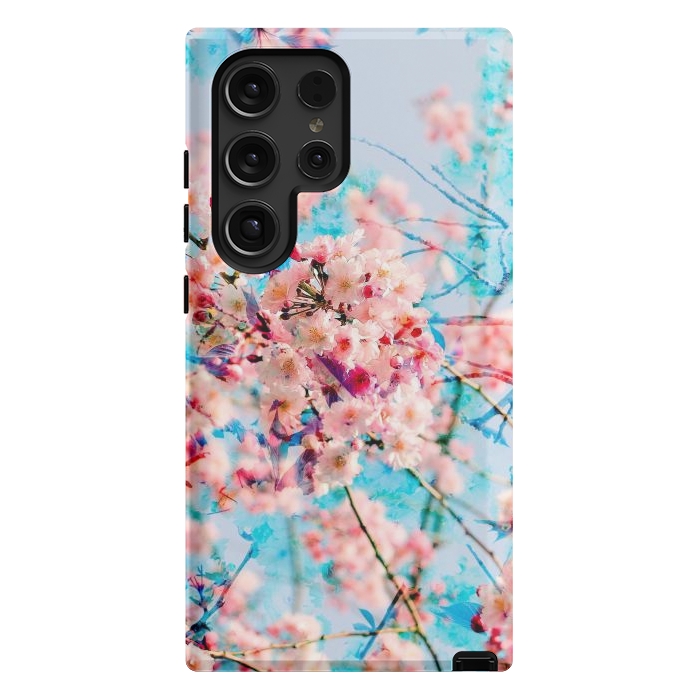 Galaxy S24 Ultra StrongFit Pink cherry blossom tree on baby blue background by Oana 