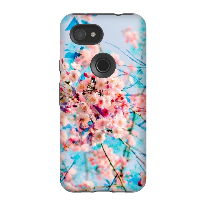 Pixel 3A StrongFit Pink cherry blossom tree on baby blue background by Oana 