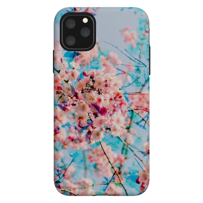 iPhone 11 Pro Max StrongFit Pink cherry blossom tree on baby blue background by Oana 