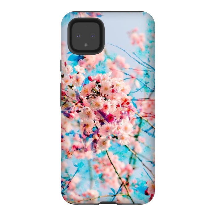 Pixel 4XL StrongFit Pink cherry blossom tree on baby blue background by Oana 