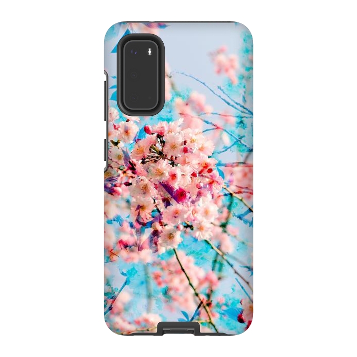 Galaxy S20 StrongFit Pink cherry blossom tree on baby blue background by Oana 