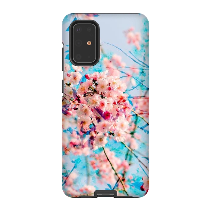 Galaxy S20 Plus StrongFit Pink cherry blossom tree on baby blue background by Oana 