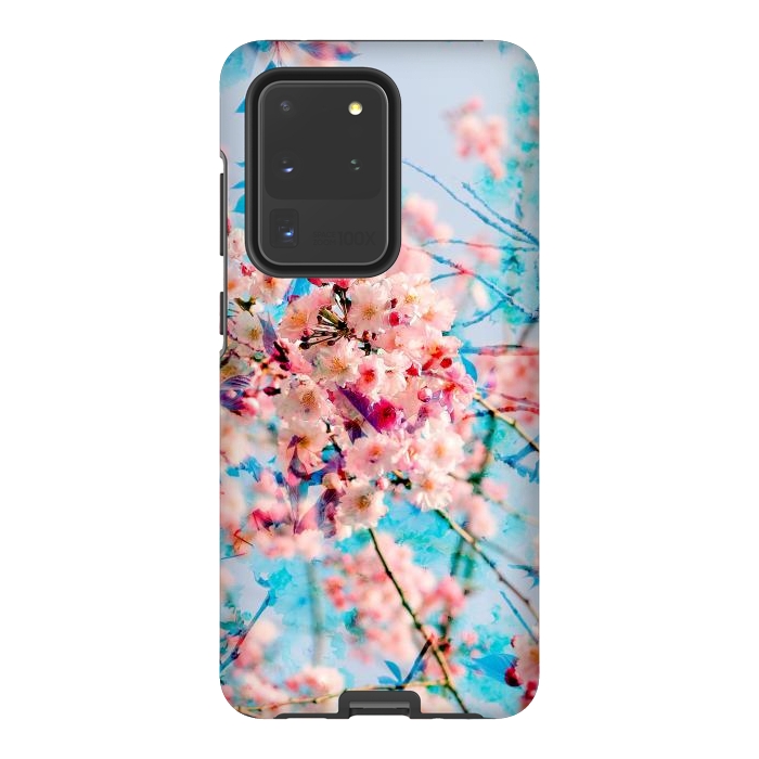 Galaxy S20 Ultra StrongFit Pink cherry blossom tree on baby blue background by Oana 