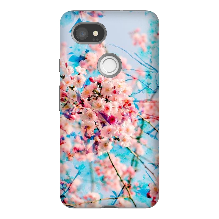 Pixel 2XL StrongFit Pink cherry blossom tree on baby blue background by Oana 