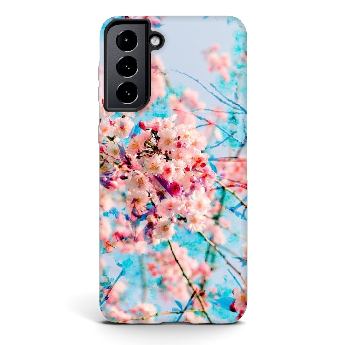 Galaxy S21 StrongFit Pink cherry blossom tree on baby blue background by Oana 