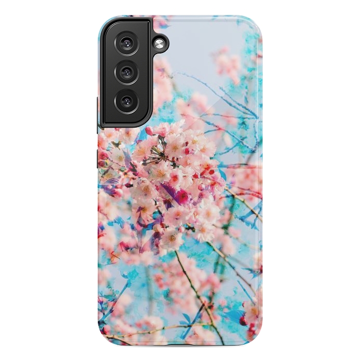 Galaxy S22 plus StrongFit Pink cherry blossom tree on baby blue background by Oana 