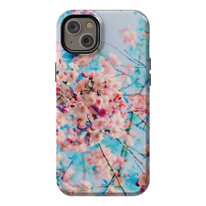 iPhone 14 Plus StrongFit Pink cherry blossom tree on baby blue background by Oana 