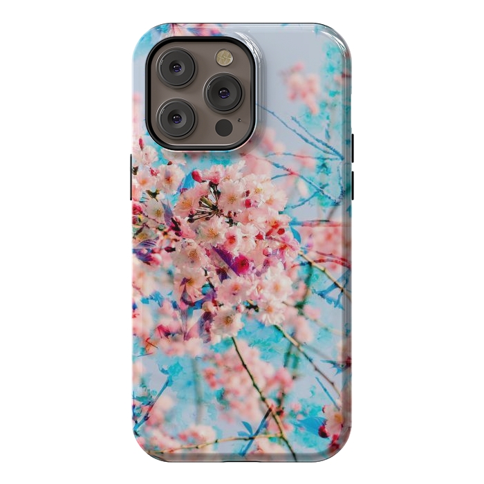 iPhone 14 Pro max StrongFit Pink cherry blossom tree on baby blue background by Oana 