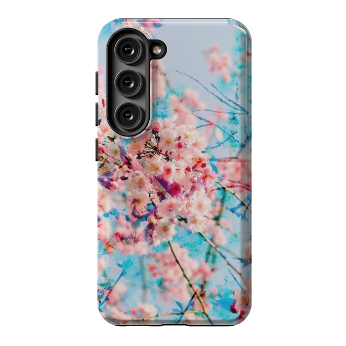 Galaxy S23 StrongFit Pink cherry blossom tree on baby blue background by Oana 