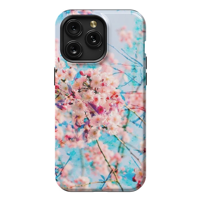 iPhone 15 Pro Max StrongFit Pink cherry blossom tree on baby blue background by Oana 