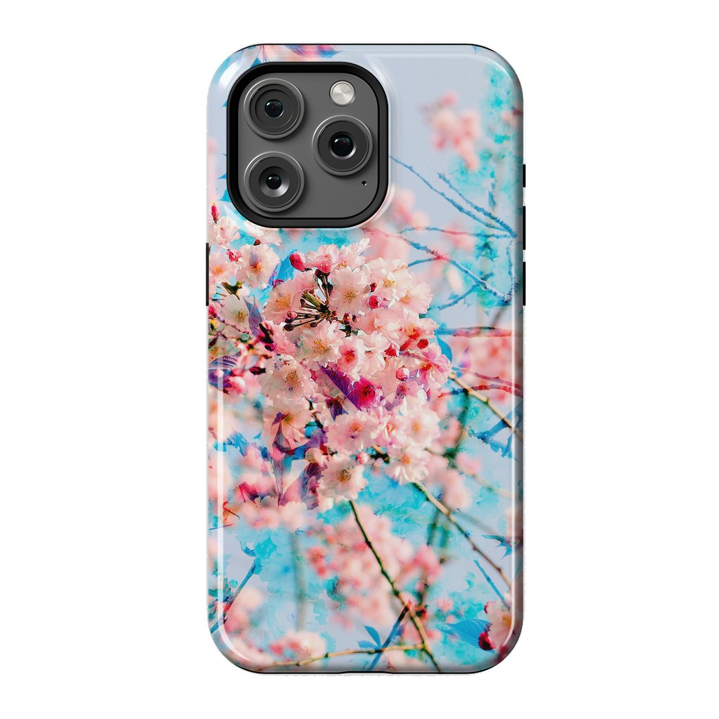 iPhone 15 Pro Max StrongFit Pink cherry blossom tree on baby blue background by Oana 