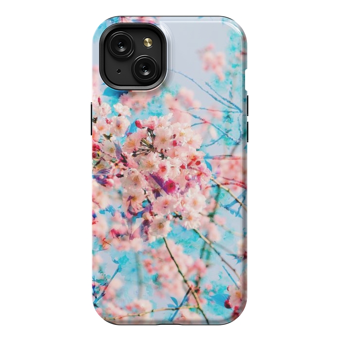 iPhone 15 Plus StrongFit Pink cherry blossom tree on baby blue background by Oana 