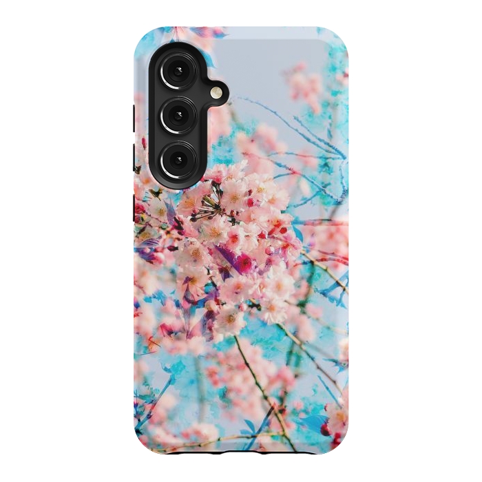 Galaxy S24 StrongFit Pink cherry blossom tree on baby blue background by Oana 