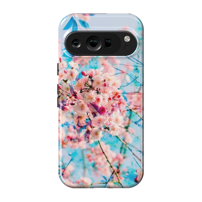 Pixel 9 pro StrongFit Pink cherry blossom tree on baby blue background by Oana 