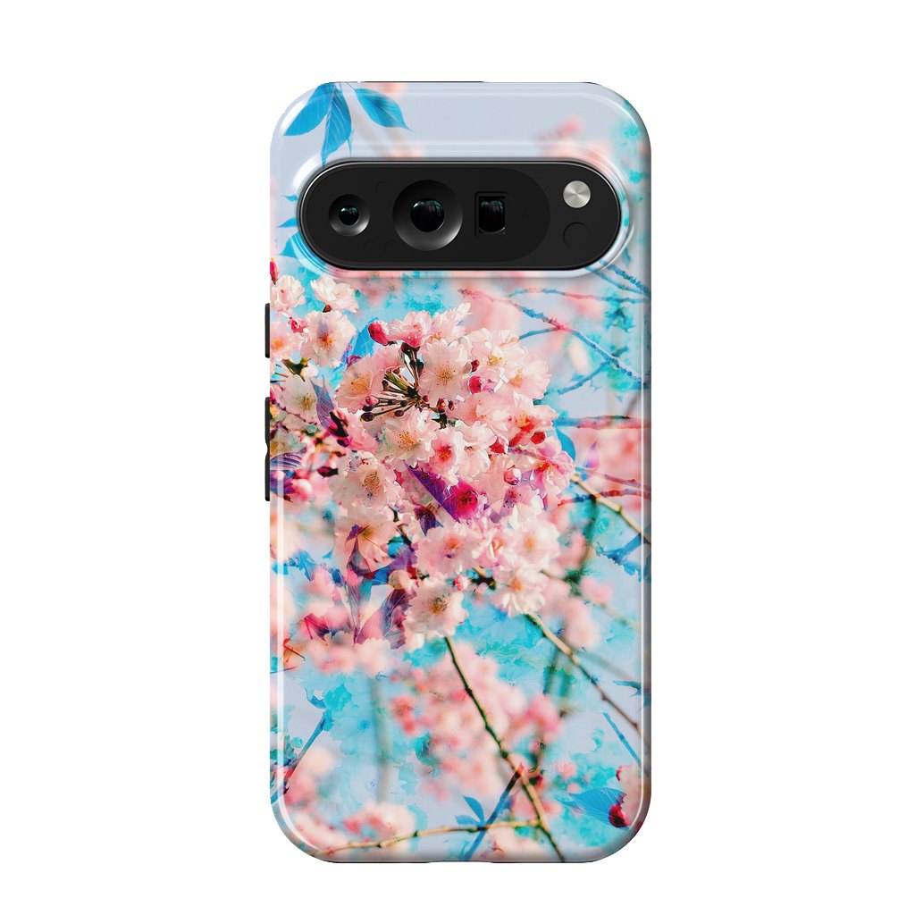 Pixel 9 pro StrongFit Pink cherry blossom tree on baby blue background by Oana 