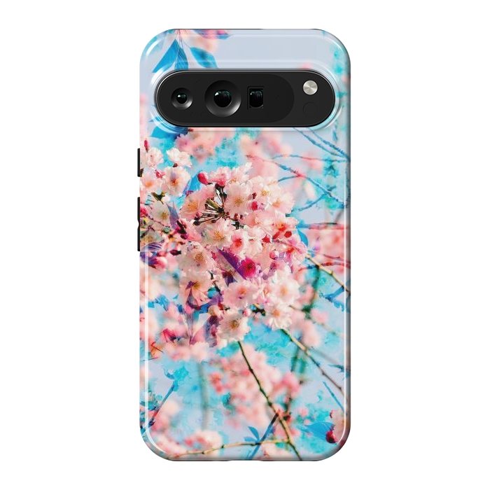 Pixel 9 Pro XL StrongFit Pink cherry blossom tree on baby blue background by Oana 